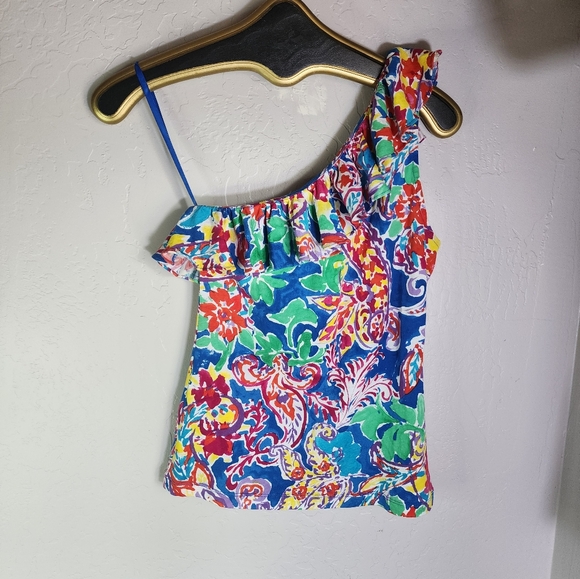 Ralph Lauren Petite Blue Floral Paisley One Shoulder Tank Size XS - Picture 2 of 8